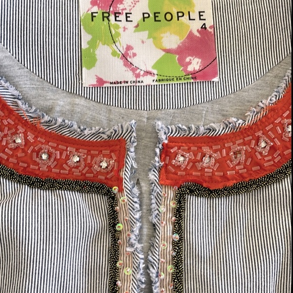 NWOT-Free People My Fair Lady embellished   trim blue pinstripe cropped jacket - Picture 8 of 9